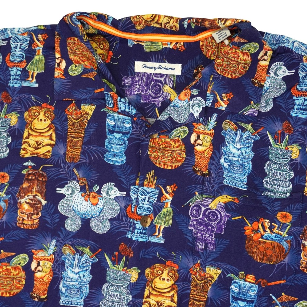 Tommy Bahama Button Down Shirt Men XL Blue Tiki Cocktail Tropical Print Vacation